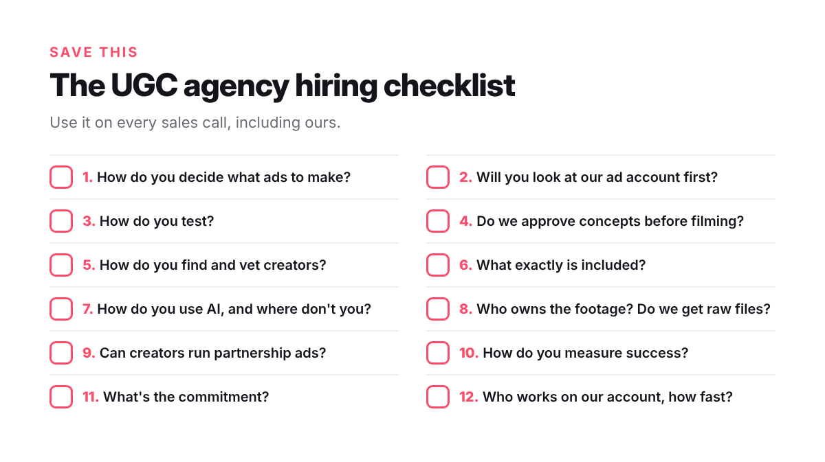 Printable checklist of 12 questions to ask before hiring a UGC agency